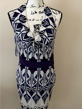 Nicole Miller Strapless Geometric Print Dress in Navy and White